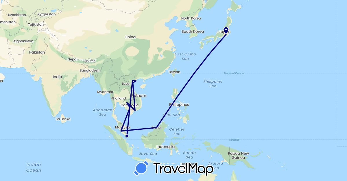 TravelMap itinerary: driving in Brunei, Japan, Cambodia, Malaysia, Singapore, Vietnam (Asia)